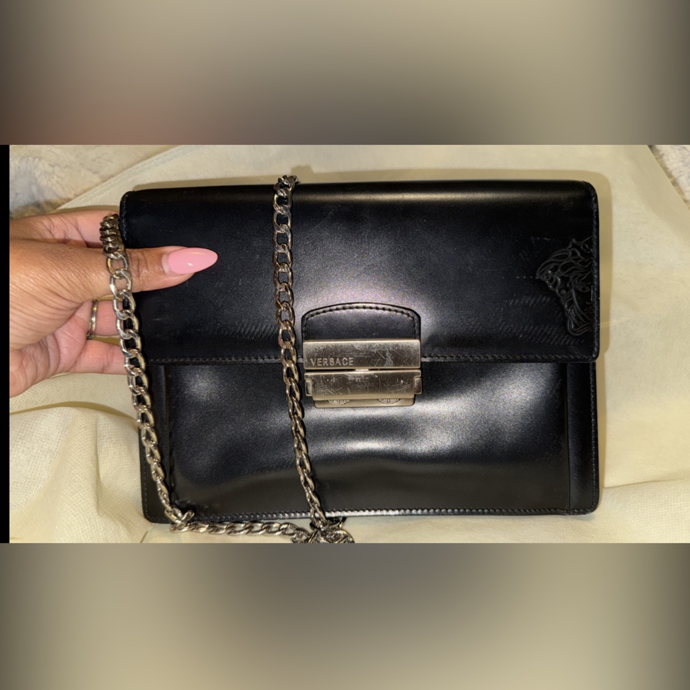 Versace Black Leather wristlet with Silver Chain
